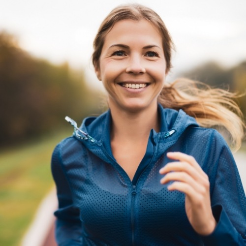 Woman with blonde ponytail and black jacket jogging