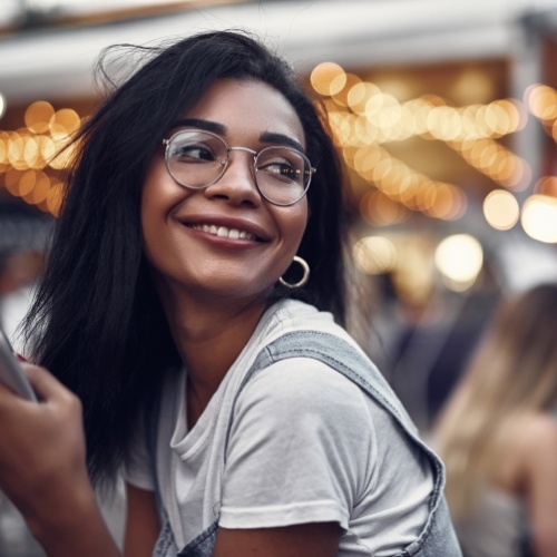 Young woman in overalls smiling while holding cell phone