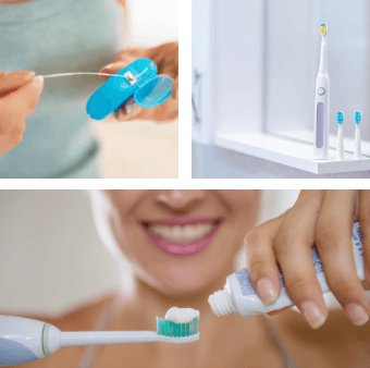 Collage of toothbrushes toothpastes and dental floss