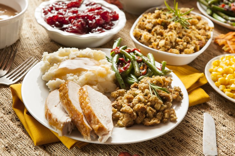 Closeup of plate filled with Thanksgiving foods